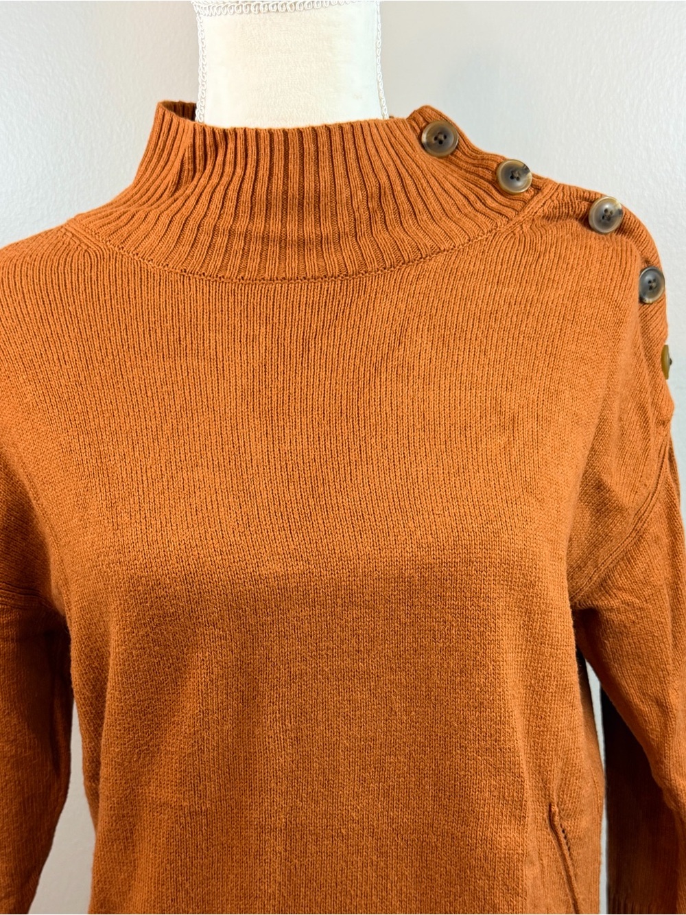 Talbots Rust Button-Shoulder Mock Neck Sweater | Fall Classic - Picture 4 of 9